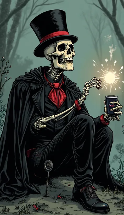 A comic drawing of a 30-year-old man's skeleton. He is wearing a black top hat from the 1800s with a red stripe and an all-black...