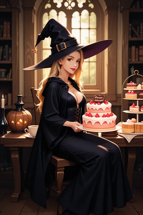1girl,witch,witch hat,blonde hair,many cakes,
