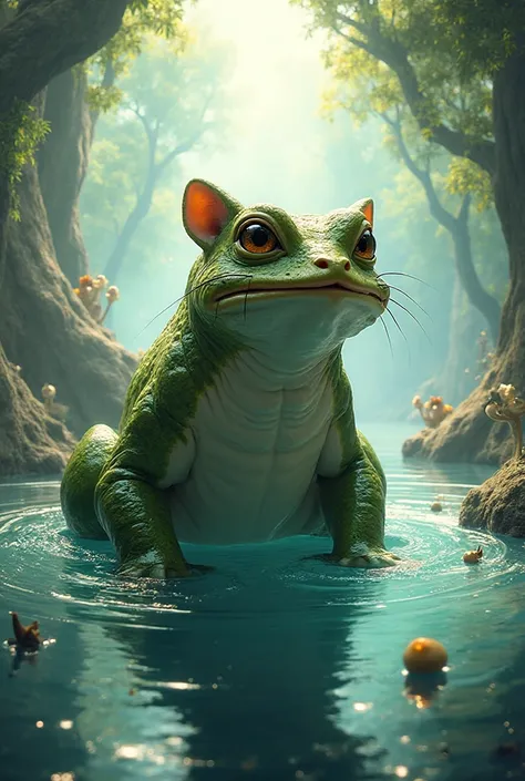 Epic animated frog-cat creature in a lake