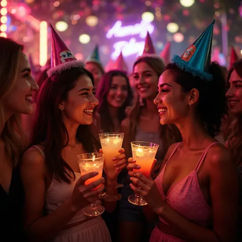 A photorealistic image of a festive mid-week party. Beautiful young women smiling, holding colorful cocktails, some wearing fun ...