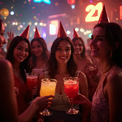A photorealistic image of a festive mid-week party. Beautiful young women smiling, holding colorful cocktails, some wearing fun ...
