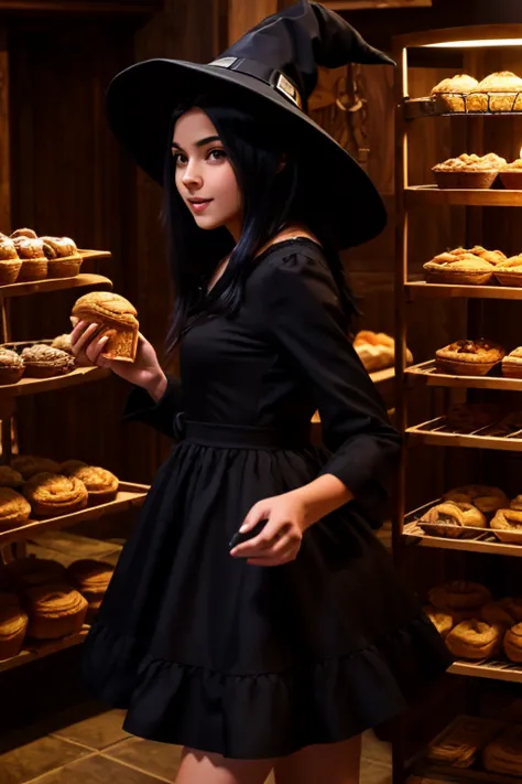 a black haired  18 yr girl in a witches hat  , perky , pretty  , hidding behind a pastry rack , magic in the air , stealing a pa...