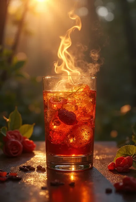 Sunrise Awake,A drink served in a glass with flaming grains and Balsamic extract