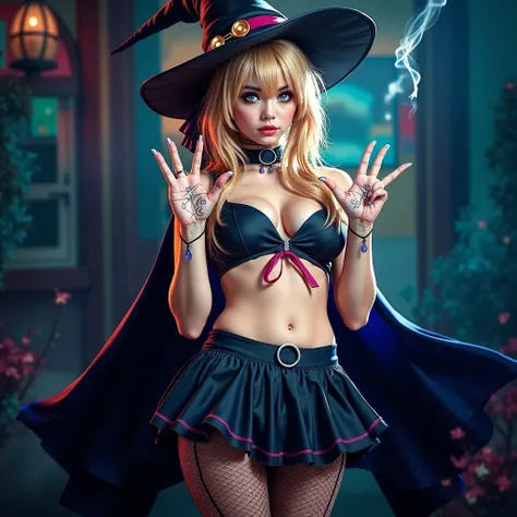 Beautiful young witch in a very bursting mini witch outfit, with very detailed and realistic hands, in high resolution 4K.