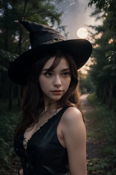 masterpiece, best quality, anime style, young witch, sweetheart, moonlit forest, magical, glowing, stars, night sky, detailed cl...