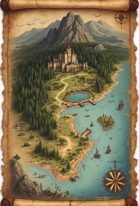 A vintage treasure map in horizontal format type A4, It must be lying down to be wider than long, that represents a fictional is...