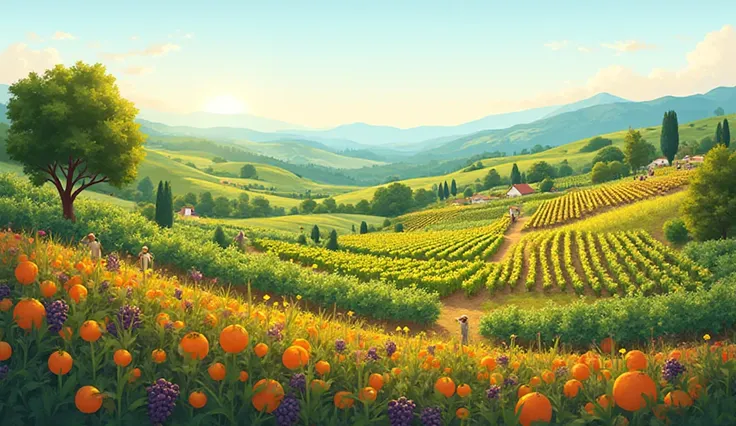 “Create a professional and eye-catching illustration showing Italy’s agriculture sector. Include grape fields, olive gardens, or...