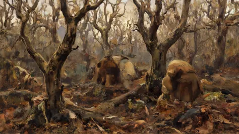a dense forest in late autumn, with villagers in worn cloaks foraging for roots and mushrooms, damp ground, trees stripped of ba...