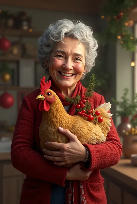 Realistic picture of a usa woman smiling with Christmas chicken 
