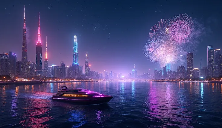 A futuristic night view from a shining boat on the Han River, the skyline of Seoul in 2077, soaring neon towers, fireworks explo...