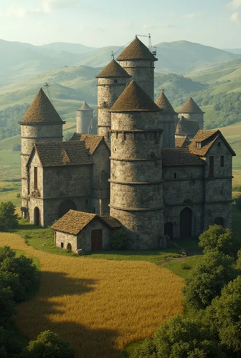 Several medieval wheat and grain silos