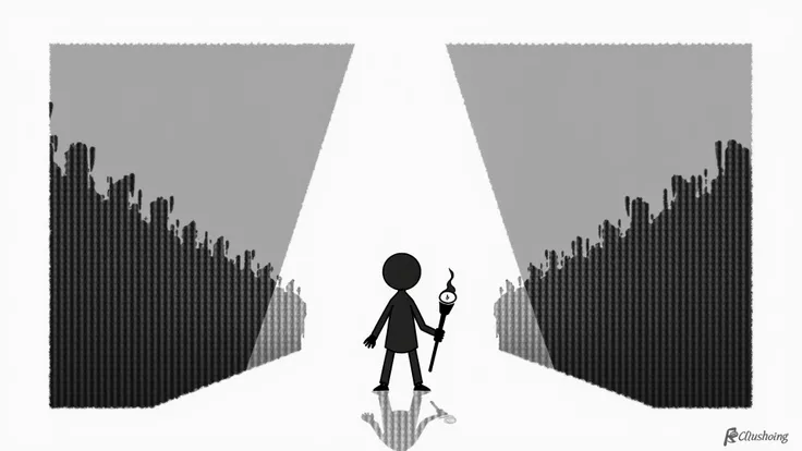 A stick-figure standing alone with shadowed crowd turning away, in empty stage, solemn face, symbolic extinguished torch, high c...