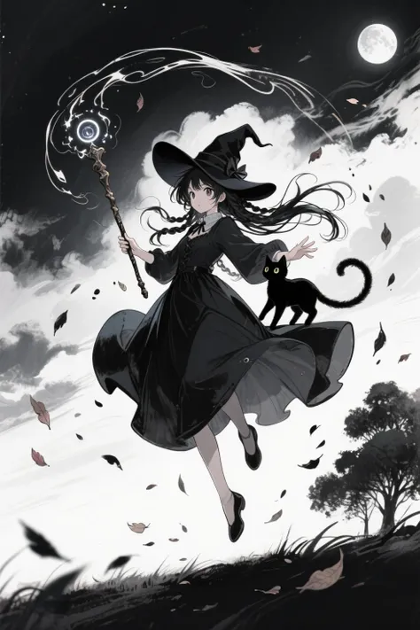 魔女が杖を振りかざし風を操るJumpingな瞬間, Anime-style ink painting, Dynamic Ink Flow, fantasy world view Characteristics of Witches: Dramaticall...