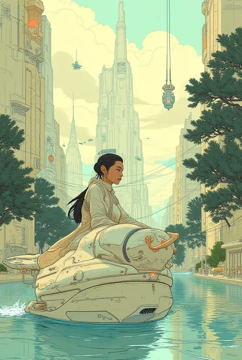 A futuristic city landscape, featuring a woman of brown complexion, young adult age range, driving a sleek, light-blue, amphibio...