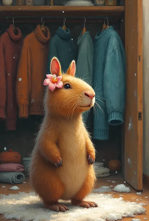 A capybara with a flower in its ear, he is in his room and walks to the closet where there are many sweaters hanging. A little b...