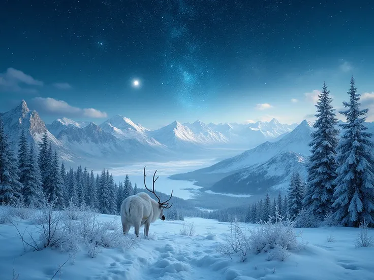 Northern white reindeer, snow in a fairy tale world, breathtaking panoramic view of arctic wilderness, cinematic overhead long s...