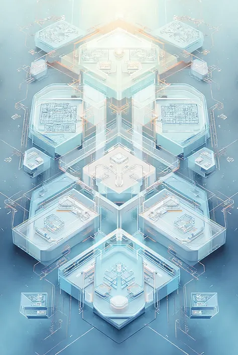 Image with several compartments where graphs appear, notion of logical and combinatorial circuits in light blue colors, dark blu...