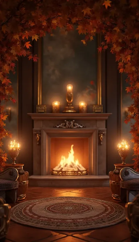 Hyper-realistic autumn evening scene inside a luxurious lounge, marble fireplace, golden candleholders with diamond sparkle, bro...