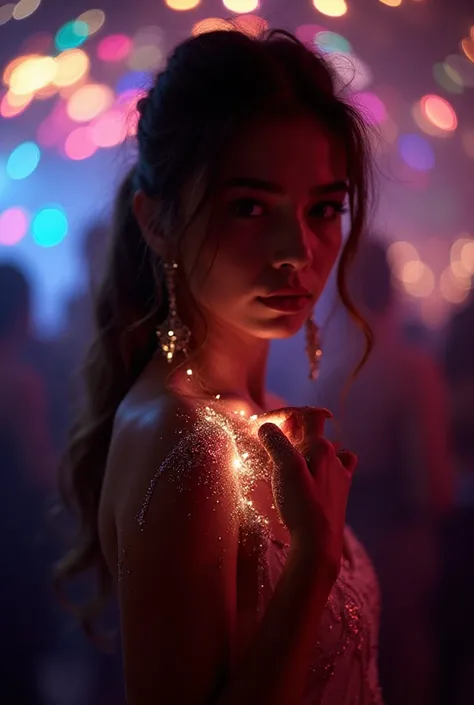 A young woman in an elegant party dress delicately brushing sparkling glitter off her shoulder, illuminated by colorful party li...