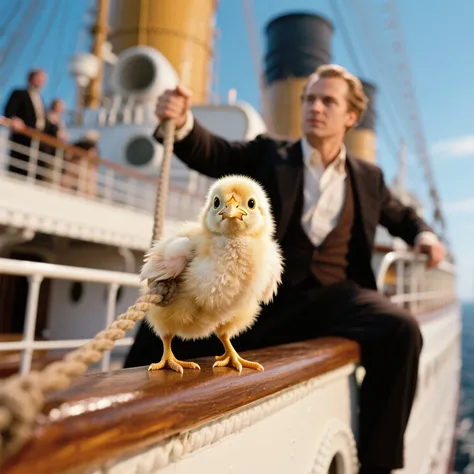 super real, The little chick is riding the Titanic。
Film-like image quality。Looking up point。Famous scene from the movie 。