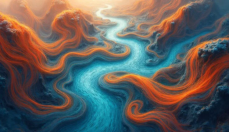 Top view of abstract rivers with vibrant orange and blue colors