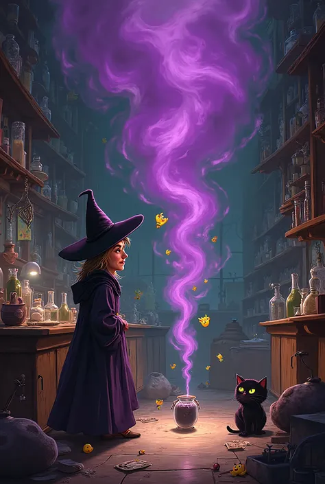 In her laboratory filled with potions and strange objects, the witch experiments with a new magic... and the curious black cat k...