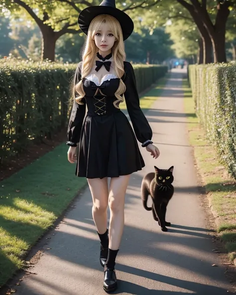  Highest Quality、taken from below、8k、((full body shot))、Little Witch、18 years old、 Blonde Half Up Hairstyles 、  (thin waist) 、(c...