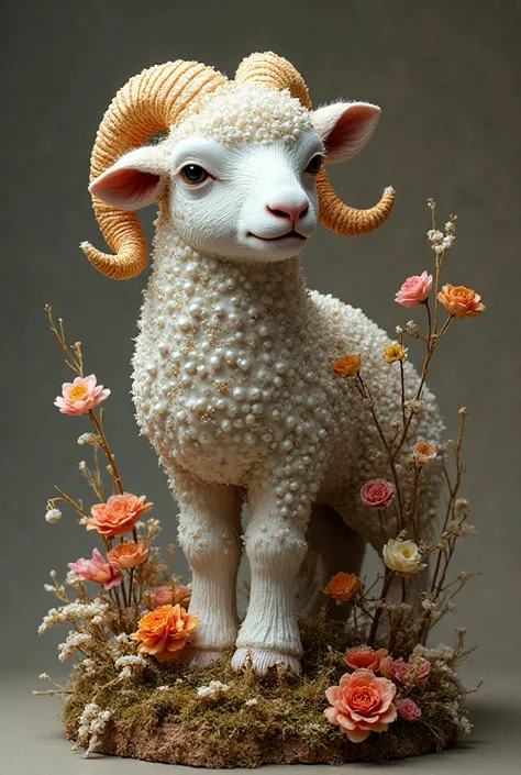lamb,  sculpture , beadwork, highly detailed, Realistic, photographic quality, lamb стоит на лугу с травой, flowers and trees, d...