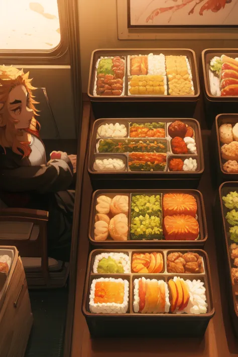 Kyojuro Rengoku,eating ekiben on a train seat,opened her mouth,5 boxes of bento boxes you've finished eating are piled up,The in...