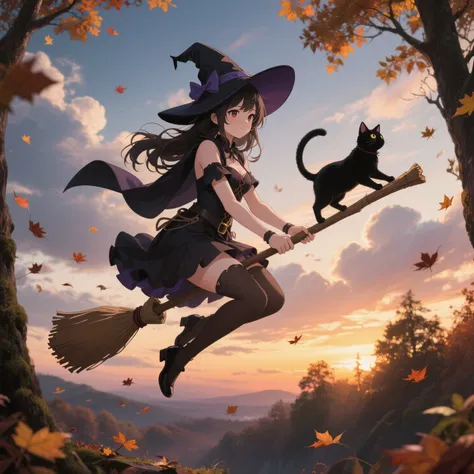 A pretty witch with her black cat on her flying broom, anime,  photorealistic quality , 8K, extreme details, studio lighting, ph...
