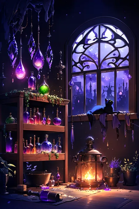 high definition night photography, elegant black cat over antique leather book, iron cauldron bubbling with emerald potion, blac...