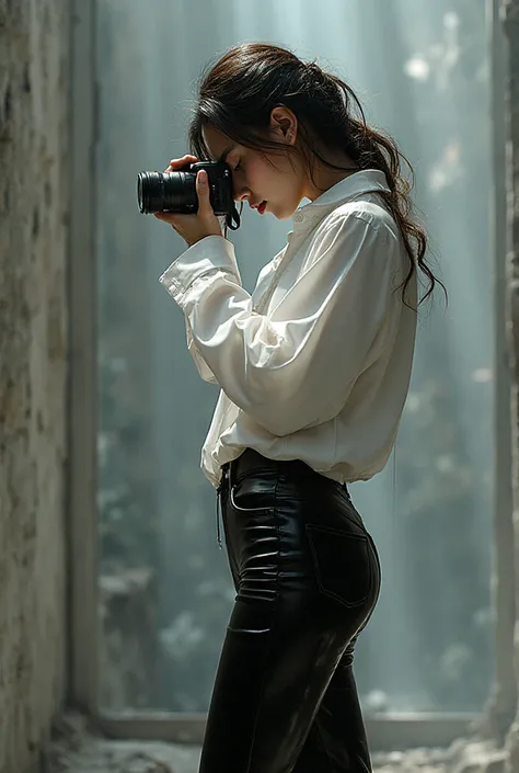 Backwards view of a female photographer taking pictures with her camera, looking through the camera,  with white plastic shirt a...