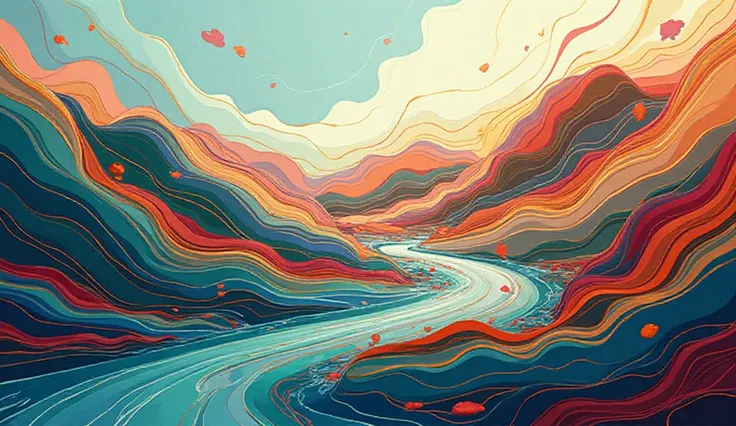  abstract landscape that explores a vibrant composition of lines and fluid shapes that seem to move and change in space. The col...