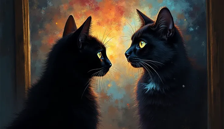 A captivating image of a black cat standing in front of a mirror, its reflection revealing a vibrant, colorful aura. The scene s...