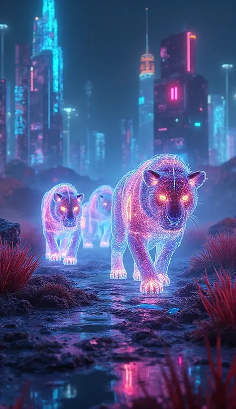 Neon and translucent lion pack in a cyberpunk savannah.