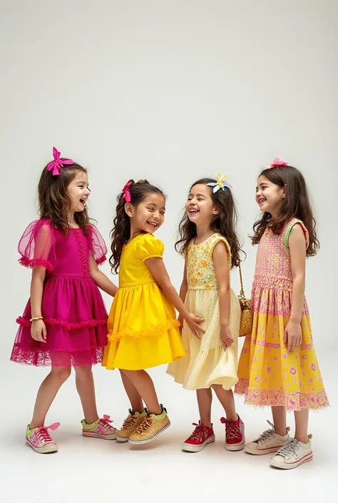 A vibrant and joyful editorial photoshoot for a celebratory children's wear collection for girls, inspired by the colorful and c...
