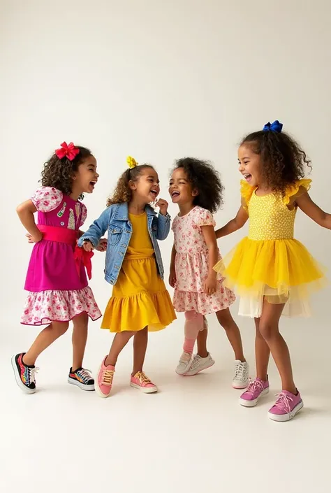 A vibrant and joyful editorial photoshoot for a celebratory children's wear collection for girls, inspired by the colorful and c...