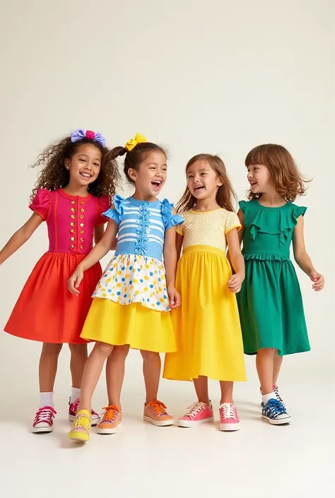 A vibrant and joyful editorial photoshoot for a celebratory children's wear collection for girls, inspired by the colorful and c...