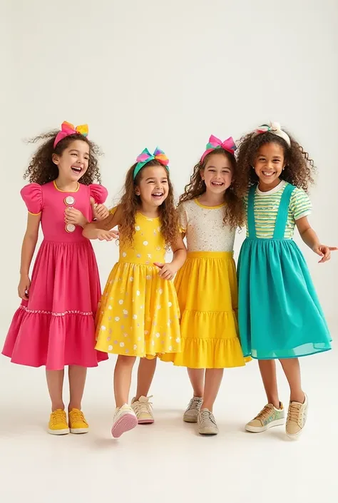 A vibrant and joyful editorial photoshoot for a celebratory children's wear collection for girls, inspired by the colorful and c...