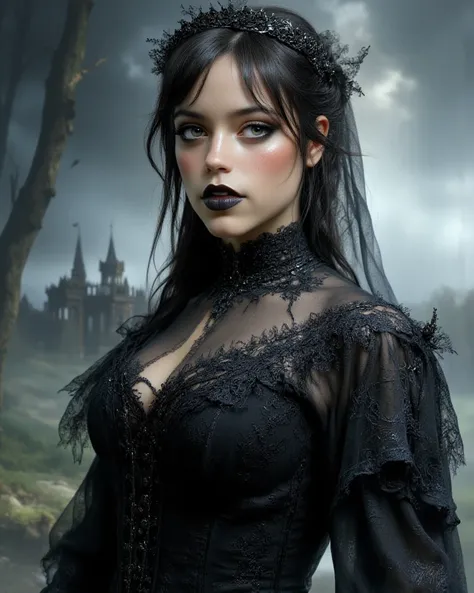 dramatic full-length portrait of Jenna Ortega, elegant black Victorian dress with lace neckline, perfectly styled pigtails, pale...