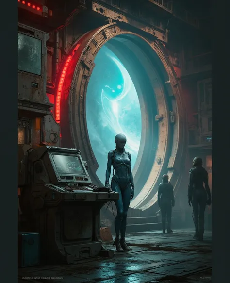 Ultra-realistic sci-fi kiosk gate terminal on a rugged backwater planet, cinematic lighting, high-resolution. Background: toweri...