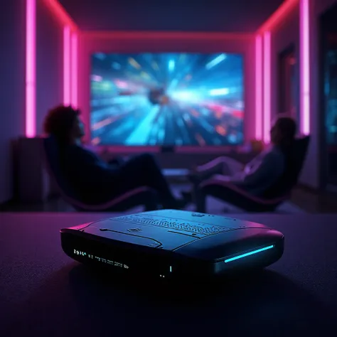 CREATE A STREAMING DEVICE LIKE THE ROKU PREMIERE FOR A YOUTUBE THUMBNAIL WITH NEON LIGHTS AND FLASHY IN FRONT OF A SCREEN WITH A...