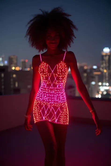 An African American woman in a short, edgy LED cocktail dress that flashes with bold red and electric pink lights. The design is...