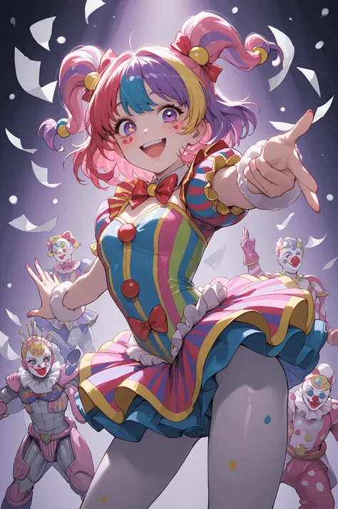 clown girl 、Circus show 、Cheers、colorful costumes、Smile Yan、stand side by side on the、 Paper blowing snow、dynamic pose