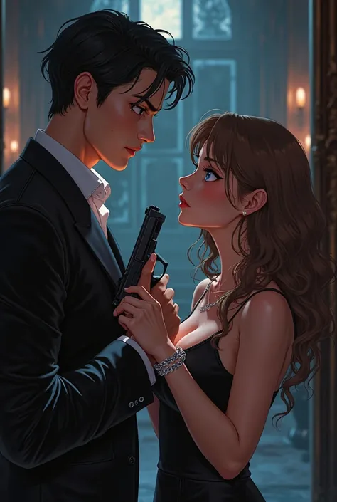 A tall, intense mafia man with jet-black hair and piercing blue eyes, wearing a fitted black suit. He stands face-to-face with a...