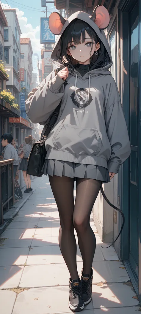 long black hair　gray hoodie hood with mouse ears　dark bright eyes　gray middle skirt　black tights　Black Shoes　Japanese