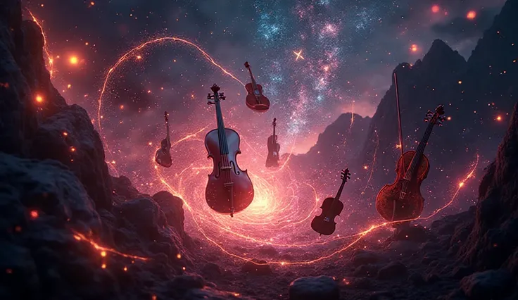 Epic magical whirlwind of musical instruments in contrasting vibrant colors. Floating violins, sopilkas, guitars, banduras swirl...