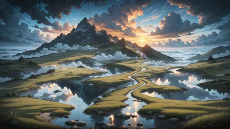 A field where the wind is walking. bright ears in the sunset light. landscape, best painting. Mountains in the fog, in the foreg...