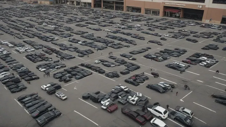 “Hundreds of people are lying on the floor of an empty parking lot in a large store. There are no cars, only the flat asphalt. A...
