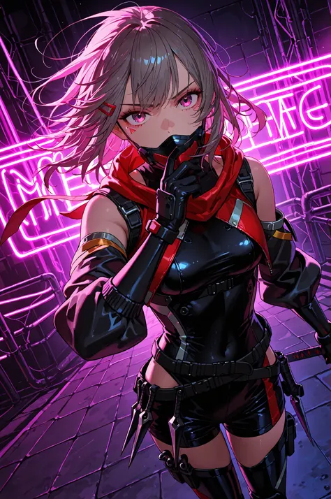 met default, medium hair, 
1 girl, ninja, Removed mask , Ninja Mask, kunai weapon, Serious Expression, Cyberpunk Setting, dynami...